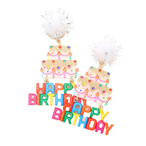 Pom Pom Glittered Resin Cake Happy Birthday Dangle Earrings - Pink (Pair)