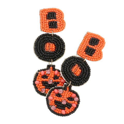 "BOO" Halloween Seed Beaded Felt Back Dangle Earrings (Pair)