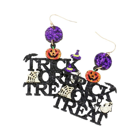 Glittered "Trick or Treat" Halloween Dangle Earrings (Pair)