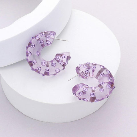 Purple Stone Embellished Resin Lucite Hoop Earrings (Pair)
