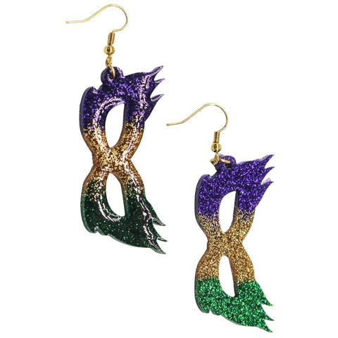 Purple, Green, and Gold Mardi Gras Mask Glitter Resin Earrings (Pair)