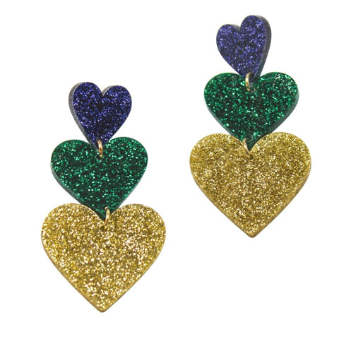 Purple, Green, and Gold Hearts Glitter Resin Earrings (Pair)