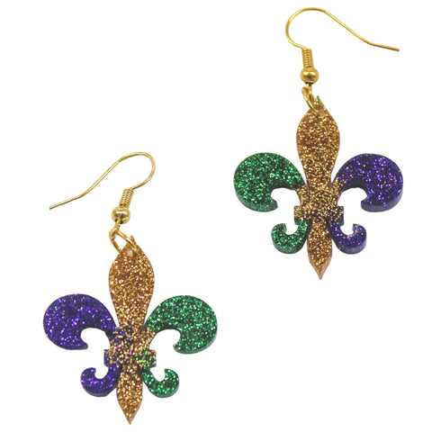 Purple, Green, and Gold Fleur de Lis Glitter Acrylic Earrings (Pair)