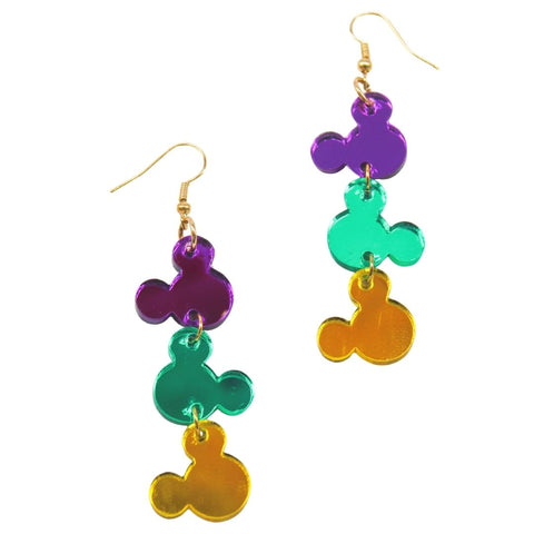 Purple, Green, and Gold Mouse Head Glitter Acrylic Earrings (Pair)