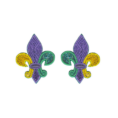 Purple.,Green, and Gold Beaded Fleur de Lis Earrings (Pair)