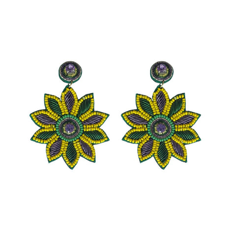 Purple, Green, and Gold Beaded Sunflower Earrings (Pair)