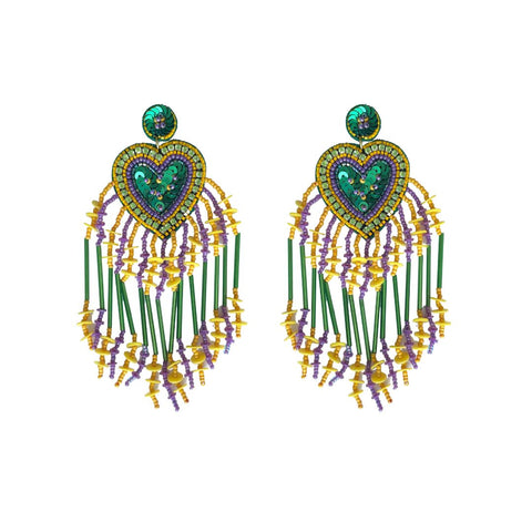 Purple, Green, and Gold Beaded Heart Earrings with Tassels (Pair)