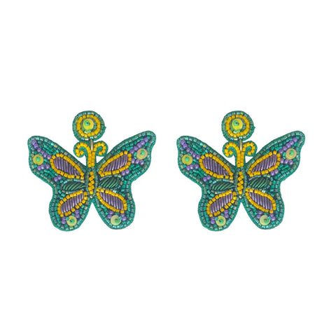 Purple, Green, and Gold Beaded Butterfly Earrings (Pair)