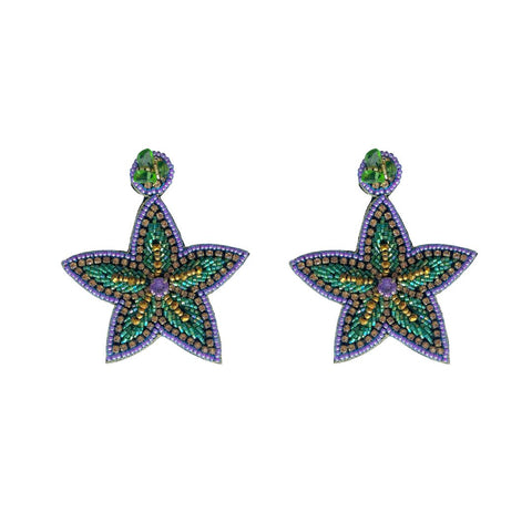 Purple, Green, and Gold Beaded Star Flower Earrings (Pair)