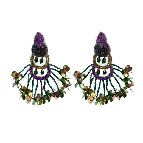 Purple, Green, and Gold Beaded Dangle Floral Earrings (Pair)