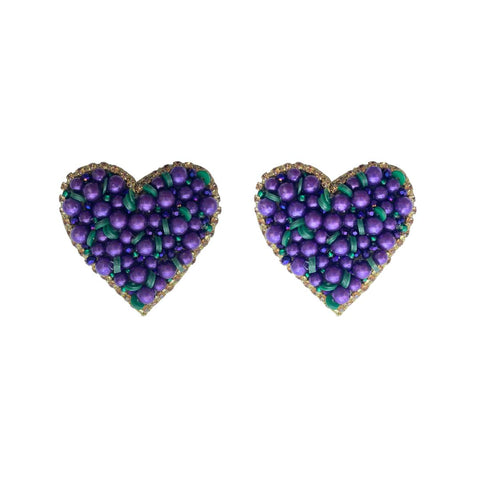 Purple, Green, and Gold Beaded Heart Earrings (Pair)
