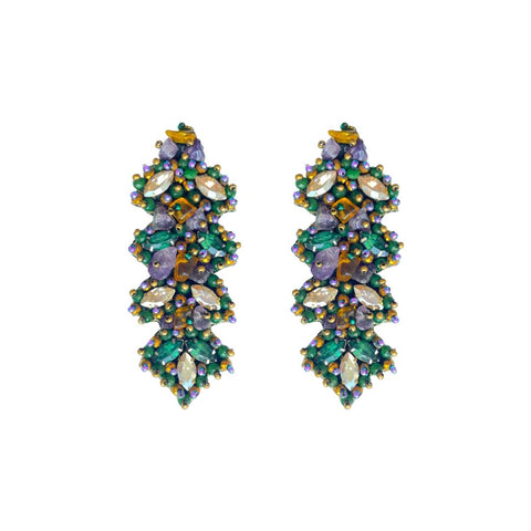 Purple, Green, and Gold Beaded Leafy Earrings (Pair)