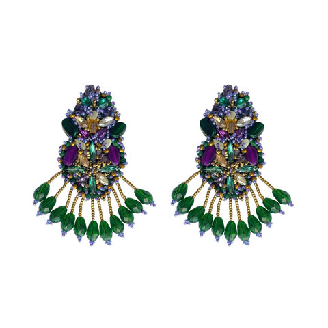 Purple, Green, and Gold Rhinestone Beaded Earrings with Fringe (Pair)