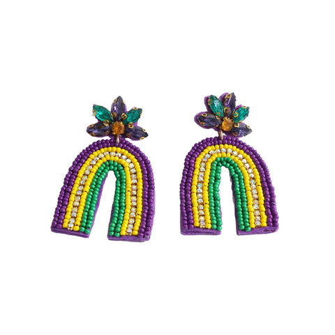 Mardi Gras Rainbow Seed Beaded Earrings with Rhinestones (Pair)
