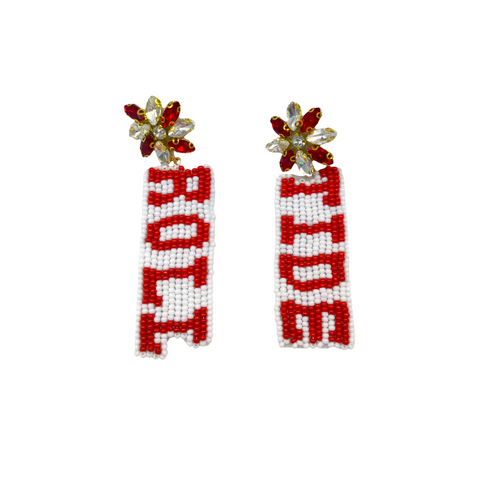 Roll Tide White and Red Seed Beaded Earrings with Rhinestones (Pair)