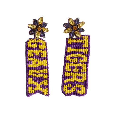 Geaux Tigers Purple and Gold Seed Beaded Earrings with Rhinestones (Pair)
