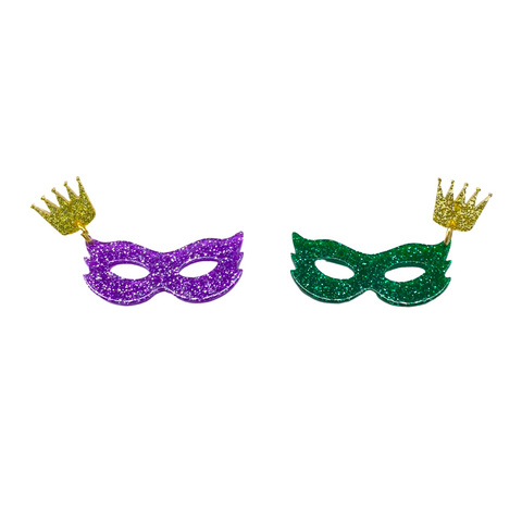 Mask and Crown Acrylic Purple, Green, and Gold Glitter Earrings (Pair)