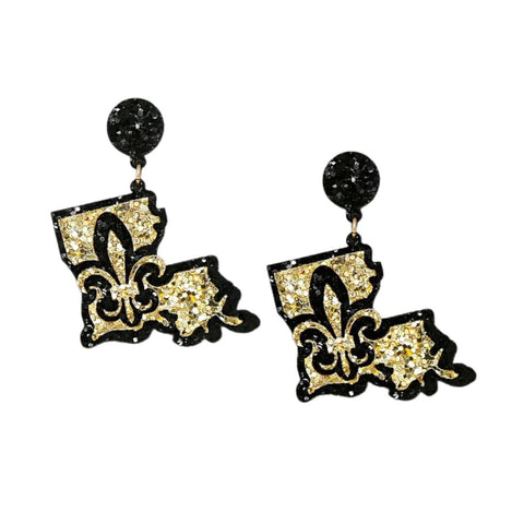 Black and Gold Saints Louisiana State Map Glitter Earrings (Pair)