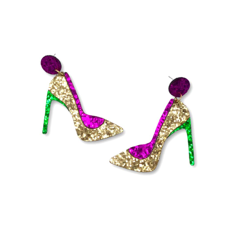 Mardi Gras High Heel Shoe Glitter Earrings (Pair)