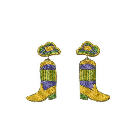 Mardi Gras Cowboy Boot Seed Beaded Earrings (Pair)