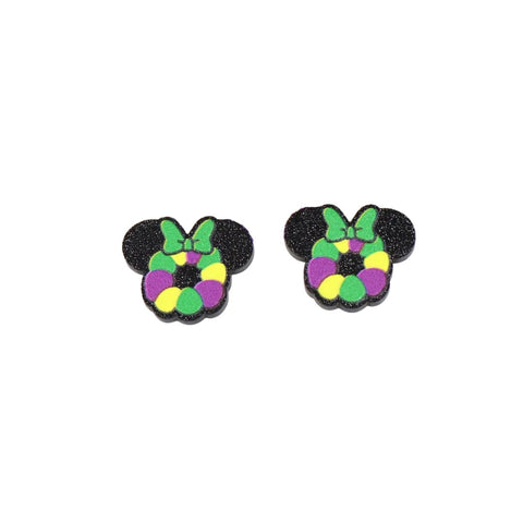 Mardi Gras King Cake Mouse Ear Acrylic Stud Earrings (Pair)