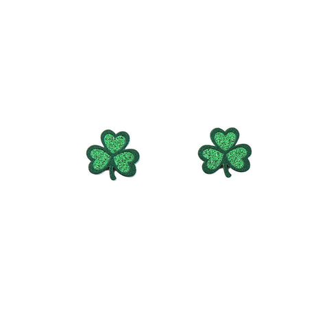 Green Three Leaf Clover Glitter Acrylic Stud Earrings (Pair)