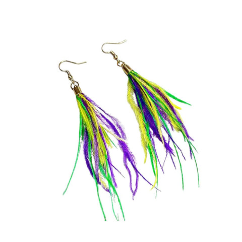 Mardi Gras Purple, Green, and Gold Feather Earrings (Pair)