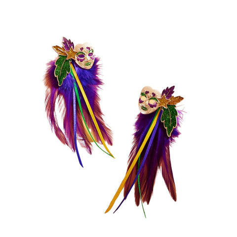 Mardi Gras Masquerade Mask Drop Earring with Feather Detail  (268657)
