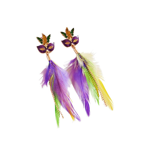 Mardi Gras Glittered Masquerade Mask Feather Dangle Earrings (Pair)