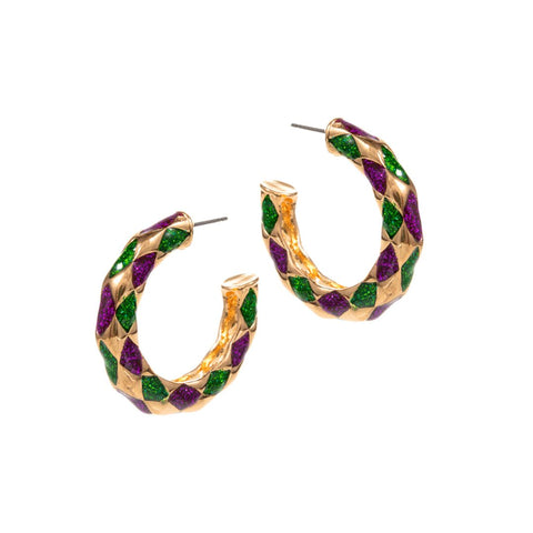 Mardi Gras Glittered Harlequin Hoop Earrings (Pair)