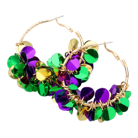 Mardi Gras Sequin Dangle Hoop Earrings (Pair)