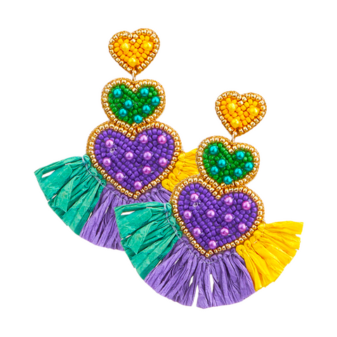Felt Back Mardi Gras Heart Beaded Paper Fringe Dangle Earrings (Pair)