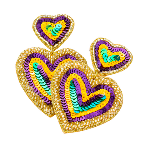 Mardi Gras Sequin Heart Dangle Earrings (Pair)