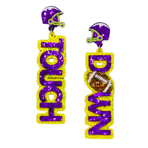 Purple and Gold College Football Touchdown Glitter Drop Earrings (Pair)