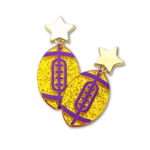 Glittered Resin Purple and Gold Game Day Football Earrings (Pair)