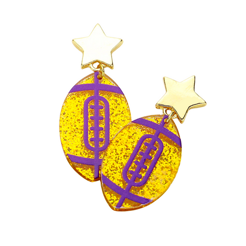 Glittered Resin Purple and Gold Game Day Football Earrings (Pair)