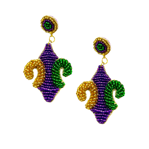 Beaded Purple, Green, and Gold Fleur de Lis Earrings (Pair)