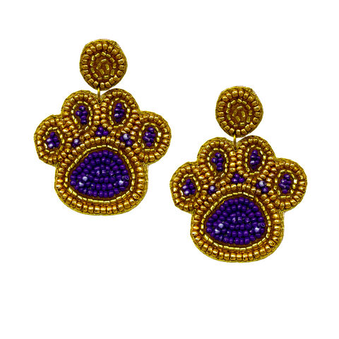 Beaded Purple and Gold Tiger Paw Earrings (Pair)