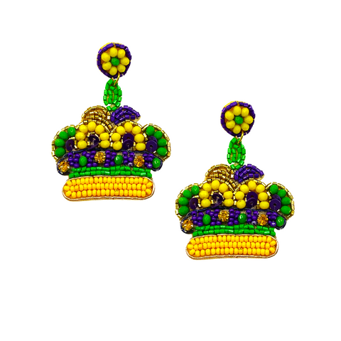 Beaded Mardi Gras Crown Earrings (Pair)