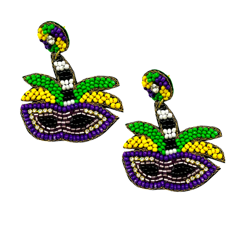 Festive Mardi Gras Mask Seed Bead Earrings (Pair)