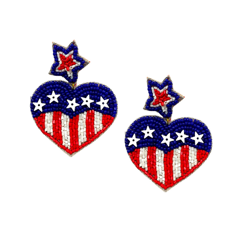 Beaded American Flag Heart Earrings (Pair)