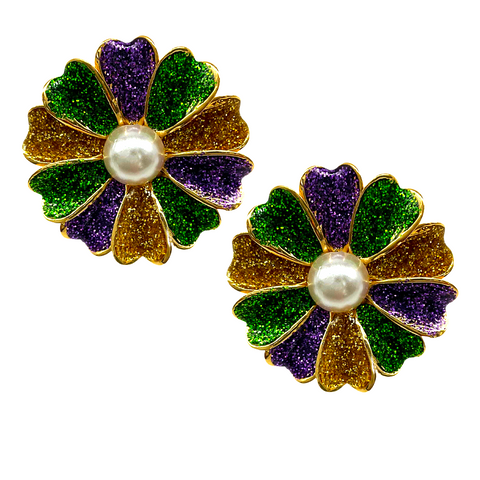 Purple, Green, and Gold Mardi Gras Flower Earrings (Pair)