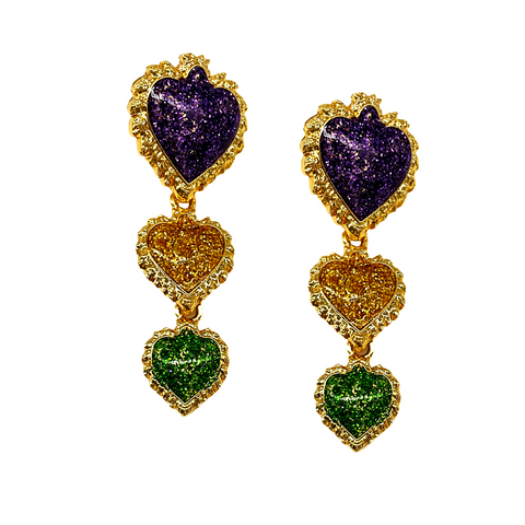 Purple, Gold, and Green Glitter Mardi Gras Earrings (Pair)