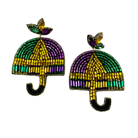 Green, Gold, and Purple Beaded Umbrella Earrings (Pair)