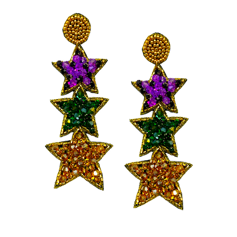 Purple, Green, and Gold Mardi Gras Star Earrings (Pair)