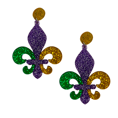 Acrylic Purple, Green, and Gold Fleur De Lis Earrings (Pair)