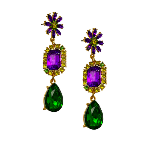 Purple, Green, and Gold Mardi Gras Stone Earrings (Pair)