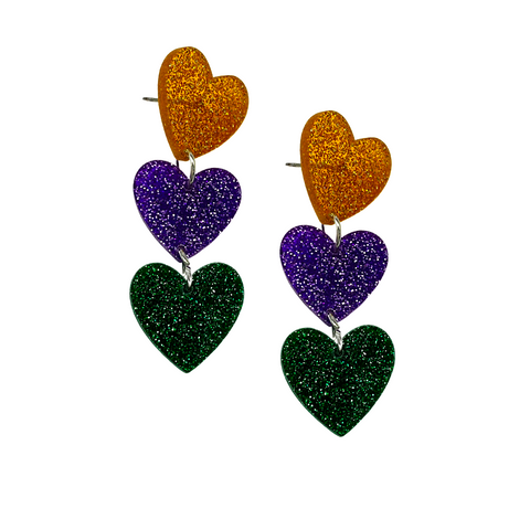 Gold, Purple, and Green Acrylic Heart Earrings (Pair)