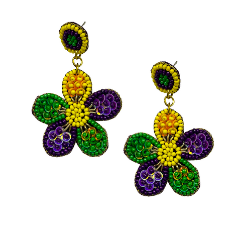 Purple, Green, and Yellow Mardi Gras Flower Earrings (Pair)