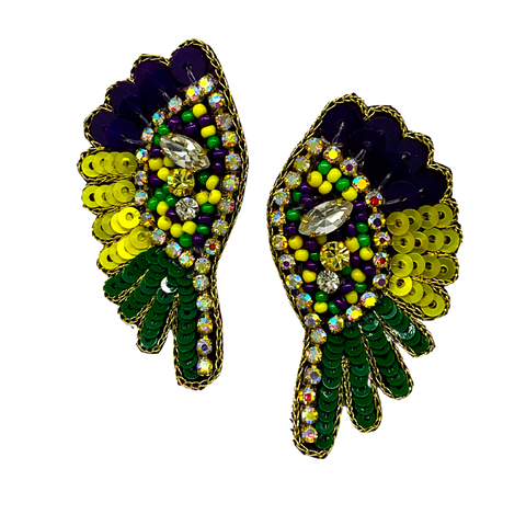 Purple, Green, and Yellow Mardi Gras Wings Earrings (Pair)